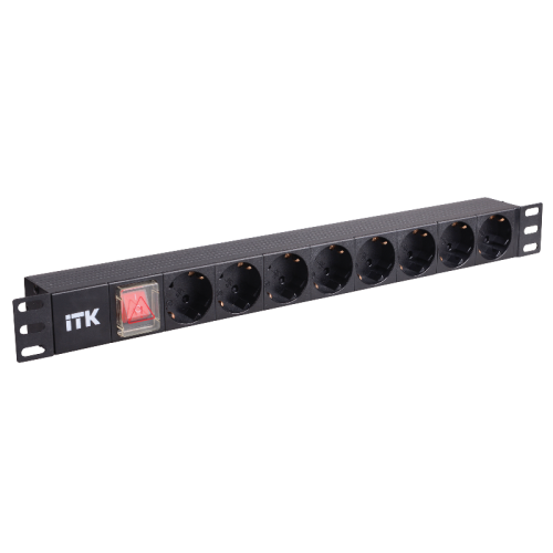 PDU 8 розеток нем. стандарт, с LED выключателем,1U, без шнура, вх. C14, алюминиевый профиль