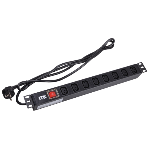 PDU 8 розеток C13 с LED выключателем,1U, шнур 2м вилка нем.стандарт