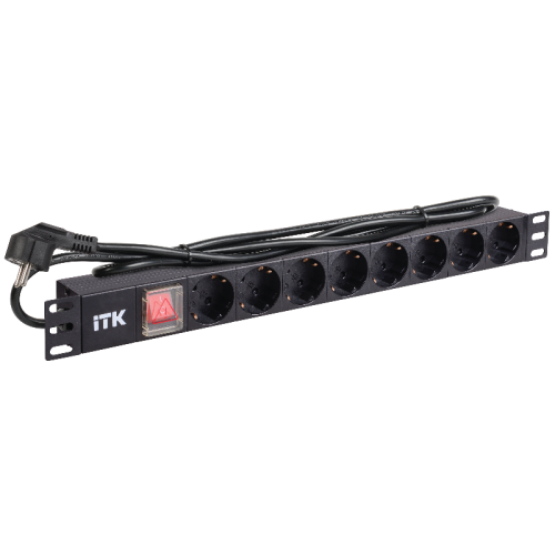 ITK PDU 8 розеток DIN49440 (нем. cтанд.) с LED выключателем, 1U, шнур 2м вилка DIN49441 (нем. станд.), алюминиевый профиль, черный