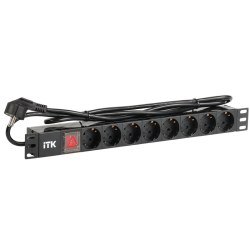 ITK PDU 8 розеток DIN49440 (нем. cтанд.) с LED выключателем, 1U, шнур 2м вилка DIN49441 (нем. станд.), алюминиевый профиль, черный