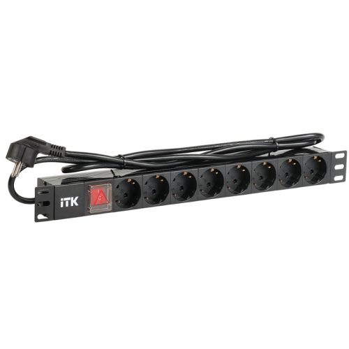ITK PDU 8 розеток DIN49440 (нем. cтанд.) с LED выключателем, 1U, шнур 2м вилка DIN49441 (нем. станд.), алюминиевый профиль, черный