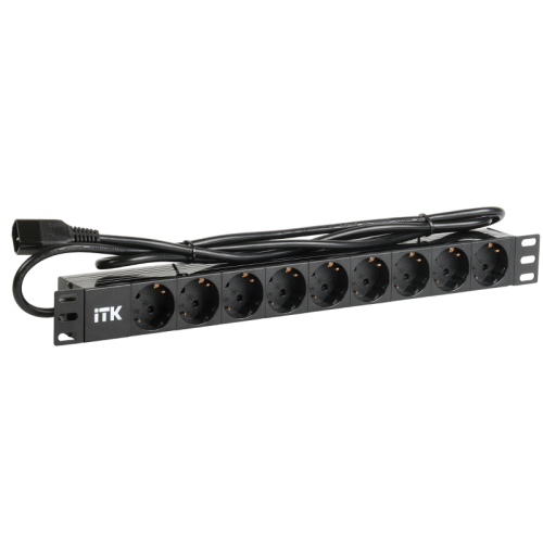 PDU 9 розеток DIN49440 (нем. cтанд.) 1U, шнур 2м вилка IEC 320 C14, алюминиевый профиль, черный