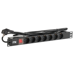 PDU 7 розеток DIN49440 (нем. cтанд.) с LED выключателем, 1U, шнур 2м вилка DIN49441 (нем. станд.), профиль из ПВХ, черный