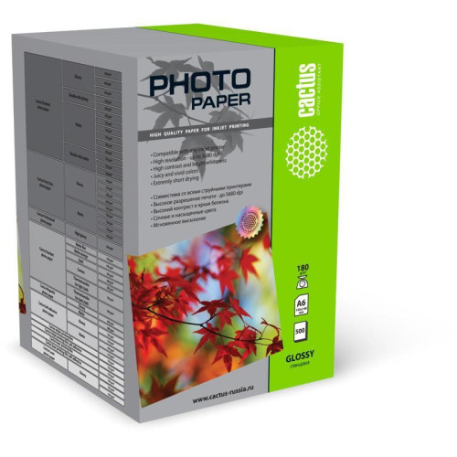Фотобумага Cactus CS-GA6180500 A6/180г/м2/500л./белый глянцевое для струйной печати Фотобумага Cactus CS-GA6180500 A6/180г/м2/500л./белый глянцевое для струйной печати