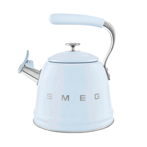 Чайник со свистком SMEG, стиль 50-х г.г., объем 2.3 л, нержавеющая сталь, диаметр нижней пластины 20 см, совместим с любой варочной поверхностью, цвет пастельный голубой