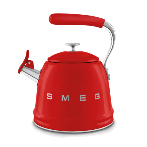 Чайник со свистком SMEG, стиль 50-х г.г., объем 2.3 л, нержавеющая сталь, диаметр нижней пластины 20 см, совместим с любой варочной поверхностью, цвет красный
