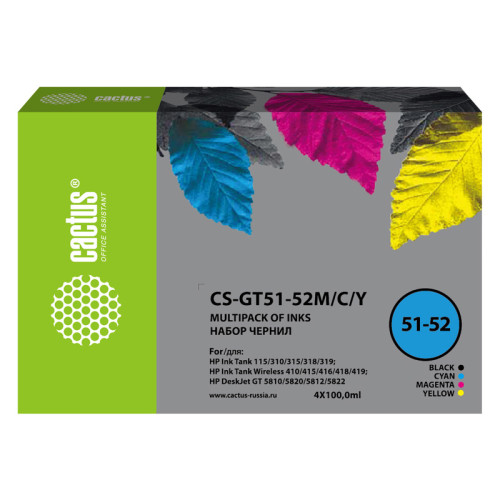 -/ Чернила Cactus CS-GT51-52M/C/Y многоцветный набор 4x100мл для DeskJet GT 5810/5820/5812/5822