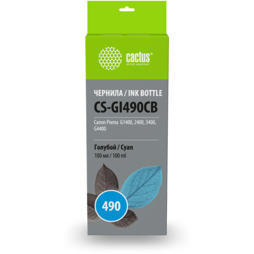 -/ Чернила Cactus CS-GI490CB GI-490 голубой 100мл для Canon Pixma G1400/G2400/G3400