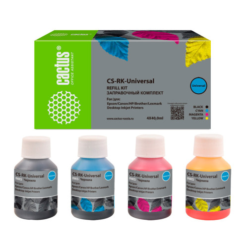 -/ Заправочный набор Cactus CS-RK-Universal голубой/пурпурный/желтый/черный набор 4x40мл для HP/Lexmark