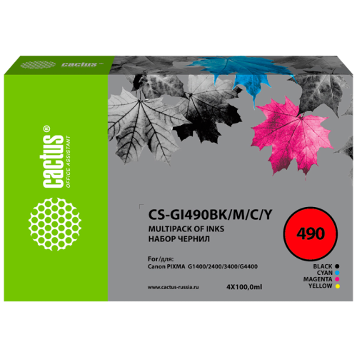 -/ Чернила Cactus CS-GI490BK/M/C/Y GI-490 многоцветный набор 4x100мл для Canon Pixma G1400/G2400/G3400