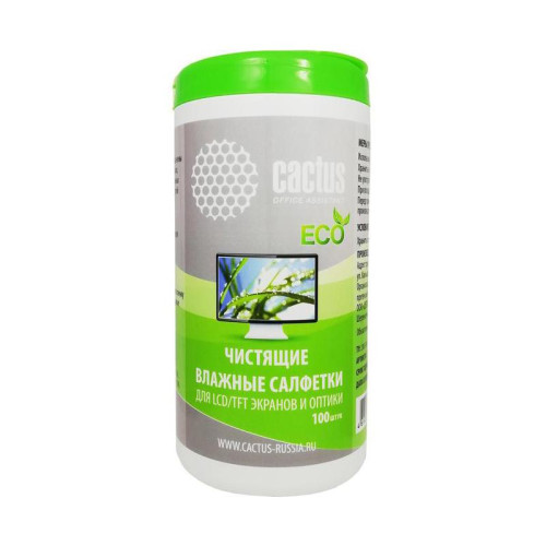 Салфетки Cactus CS-T1001E для экранов и оптики туба 100шт влажных