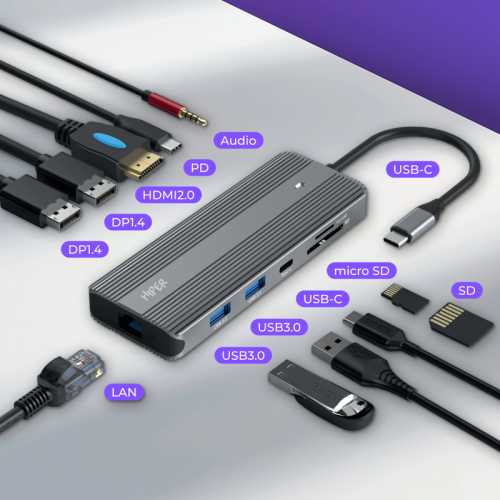 Док-станция/ Docking station HIPER USB-C HUB 11in1 (1*USB-C 100W PD, 1*HDMI 4K@60Hz, 2*DP 4K@60Hz, 2*USB-A 3.0 (5Gbps data), 1*USB-C 3.0 (5Gbps data), 1*microSD, 1*SD, 1*3.5mm audio, 1*RJ45 Gb)