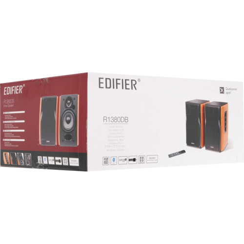 Акустическая система/ Колонки EDIFIER R1380DB Коричневый 21Вт+21Вт. Частотная характеристика: 55 Гц-20кГц. Входы: оптический, коаксиальный, линейный, Bluetooth. В комплекте: пульт ДУ, колночный кабель, кабель RCA-RCA, кабель 3.5мм-RCA, волоконно-оптически