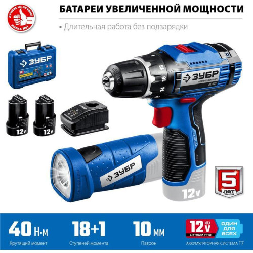 Дрель-шуруповерт Зубр DL-121-22F аккум. патрон:быстрозажимной (кейс в комплекте)