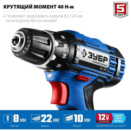Дрель-шуруповерт Зубр DL-121-22F аккум. патрон:быстрозажимной (кейс в комплекте)