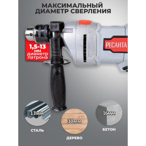 Дрель ударная Ресанта ДУ-16/1100МК 1100Вт патрон:кулачковый реверс (кейс в комплекте) (75/8/5)