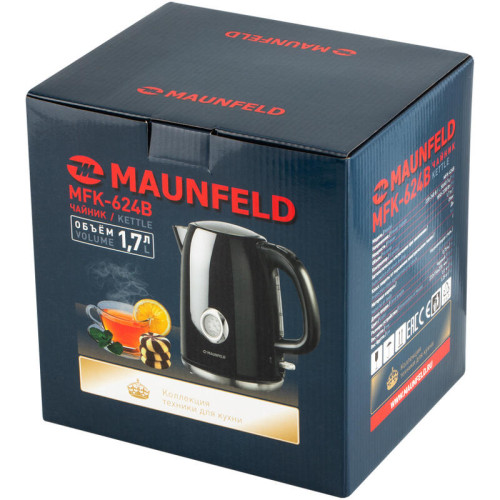 Чайник MAUNFELD/ Чайник MAUNFELD MFK-624B, мощность 2200 Вт, объем 1.7 л, контроллер Otter, закрытая спираль, индикация включения, подсветка, фильтр от накипи, отключение при отсутствии воды, индикатор температуры, цвет черный