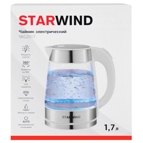 Чайник электрический Starwind SKG2011 1.7л. 2200Вт белый/серебристый корпус: стекло/металл/пластик
