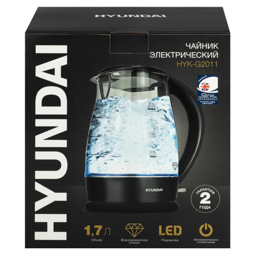 Чайник электрический Hyundai HYK-G2011 1.7л. 2200Вт черный корпус: стекло/пластик