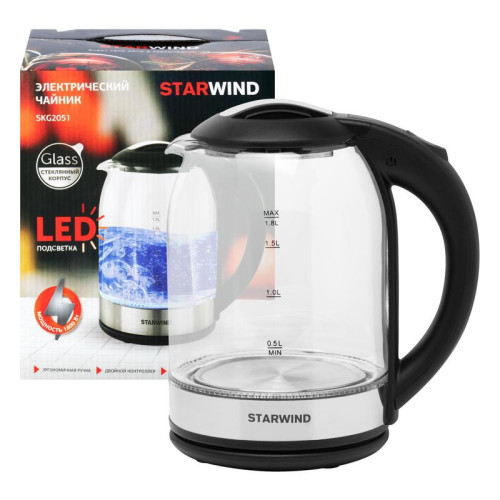 Чайник электрический Starwind SKG2051 1.8л. 1800Вт черный/серебристый корпус: стекло/пластик