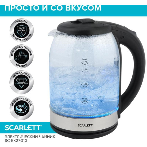 Чайник электрический Scarlett SC-EK27G10 1.7л. 1800Вт прозрачный/черный корпус: стекло/пластик