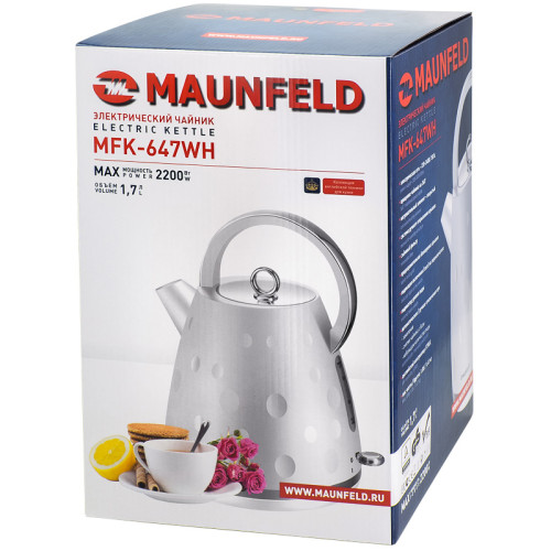Чайники MAUNFELD/ Чайник, 2200 вт, 1.7 л, матовый пластиковый корпус с глянцевым декором, хромированные элементы, индикатор уровня воды, закрытый нагревательный элемент, белый