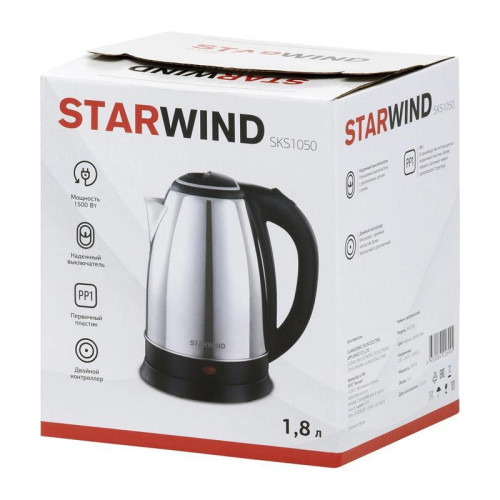 Чайник электрический Starwind SKS1050 1.8л. 1500Вт серебристый/черный корпус: металл/пластик
