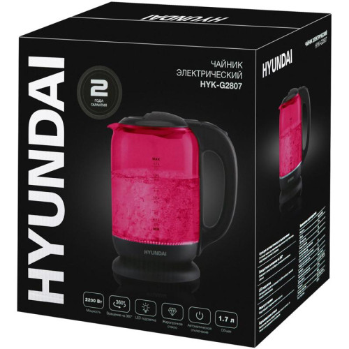 Чайник электрический Hyundai HYK-G4808 1.7л. 2200Вт малиновый/черный корпус: стекло