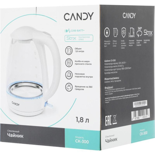 Чайник электрический Candy CK-300 1.8л. 2200Вт белый корпус: Металл/стекло/пластик Чайник электрический Candy CK-300 1.8л. 2200Вт белый корпус: Металл/стекло/пластик