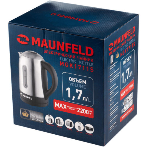 Чайник MAUNFELD/ Чайник MAUNFELD MGK1711S, мощность 2200 Вт, объем 1.7 л, закрытая спираль, индикация включения, фильтр от накипи, отключение при отсутствии воды, цвет серый Чайник MAUNFELD/ Чайник MAUNFELD MGK1711S, мощность 2200 Вт, объем 1.7 л, закрытая спираль, индикация включения, фильтр от накипи, отключение при отсутствии воды, цвет серый