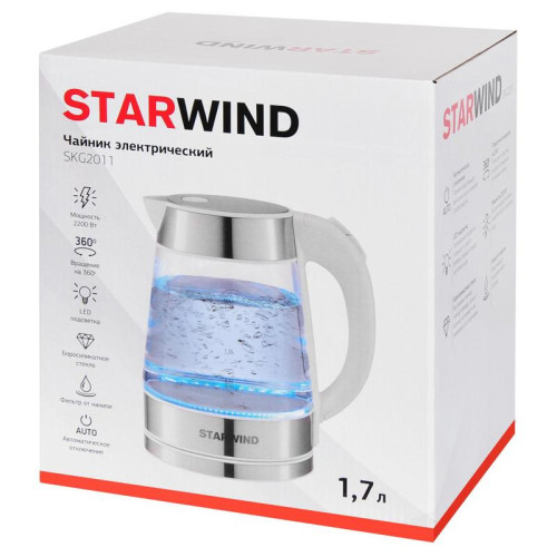 Чайник электрический Starwind SKG2011 1.7л. 2200Вт белый/серебристый корпус: стекло/металл/пластик