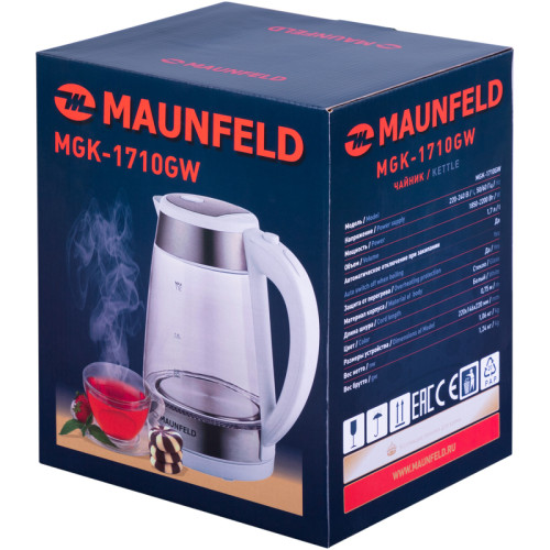 Чайник MAUNFELD/ Чайник MAUNFELD MGK1710GW, мощность 2200 Вт, объем 1.7 л, закрытая спираль, индикация включения, подсветка, фильтр от накипи, отключение при отсутствии воды, цвет белый Чайник MAUNFELD/ Чайник MAUNFELD MGK1710GW, мощность 2200 Вт, объем 1.7 л, закрытая спираль, индикация включения, подсветка, фильтр от накипи, отключение при отсутствии воды, цвет белый