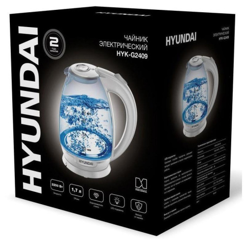 Чайник электрический Hyundai HYK-G2409 1.7л. 2200Вт белый/серебристый корпус: стекло/пластик