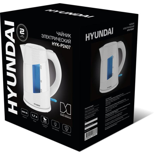 Чайник электрический Hyundai HYK-P2407 1.7л. 2200Вт белый/голубой корпус: пластик