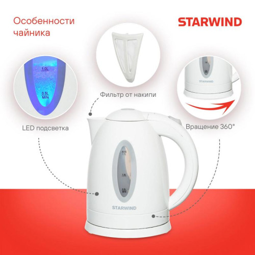Чайник электрический Starwind SKP2211 1.7л. 2200Вт белый корпус: пластик