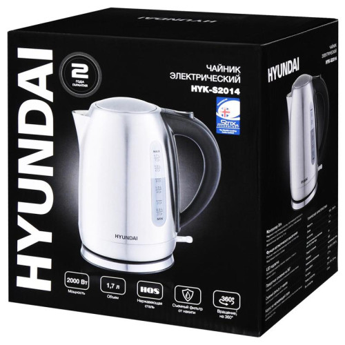 Чайник электрический Hyundai HYK-S2014 1.7л. 2000Вт серебристый/черный корпус: металл