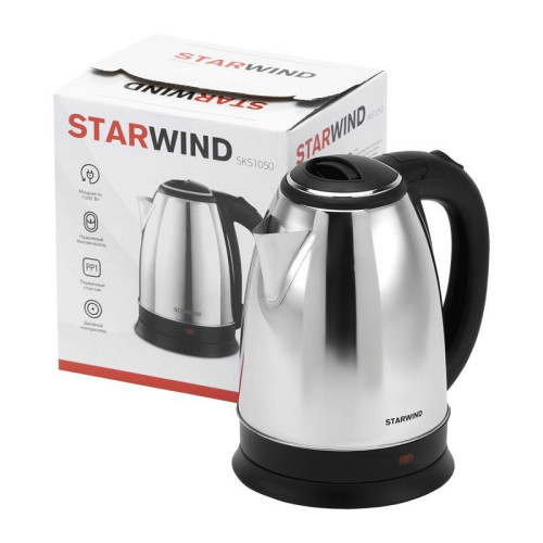 Чайник электрический Starwind SKS1050 1.8л. 1500Вт серебристый/черный корпус: металл/пластик