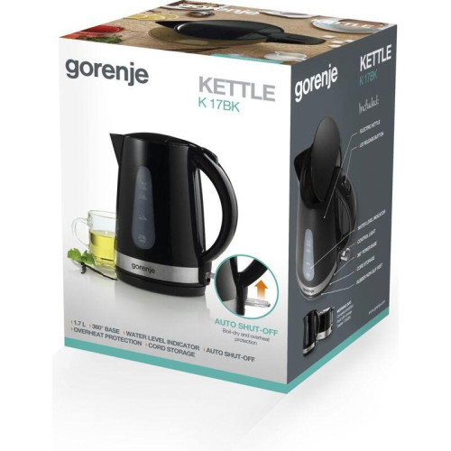 Чайник Gorenje K17BK Чайник Gorenje, мощность 2200 Вт, объем 1.7 л, индикатор работы, шкала уровня воды, защита от перегрева, цвет черный