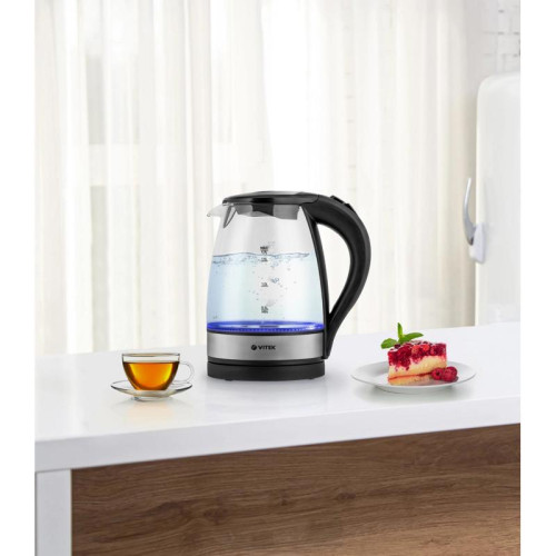 Чайник электрический Vitek VT-7008 1.7л. 2200Вт прозрачный/черный корпус: стекло/пластик