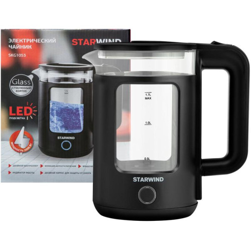 Чайник электрический Starwind SKG1053 1.7л. 1800Вт черный корпус: стекло