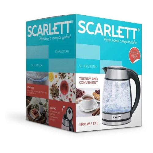 Чайник электрический Scarlett SC-EK27G54 1.7л. 1800Вт серебристый/черный корпус: нерж.сталь/стекло
