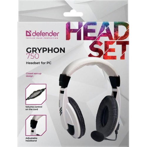Наушники с микрофоном Defender Gryphon HN-750 белый/черный 2м накладные оголовье (63747)