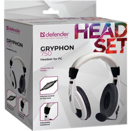 Наушники с микрофоном Defender Gryphon HN-750 белый/черный 2м накладные оголовье (63747)