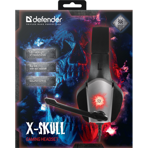 Defender Игровая гарнитура X-Skull черный+серый, провод 2.1 м Defender Игровая гарнитура X-Skull черный+серый, провод 2.1 м