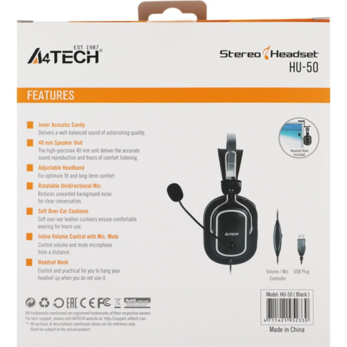 Наушники с микрофоном A4Tech HU-50 черный 2м накладные USB оголовье Наушники с микрофоном A4Tech HU-50 черный 2м накладные USB оголовье