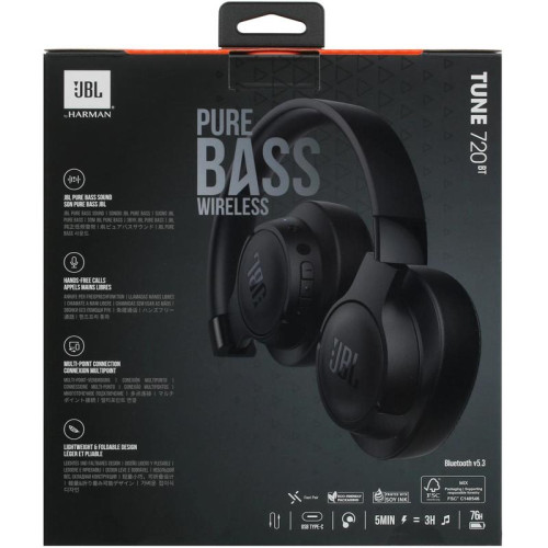 Гарнитура мониторные JBL Tune 720 BT 1.2м черный беспроводные bluetooth оголовье [JBLT720BTBLK]
