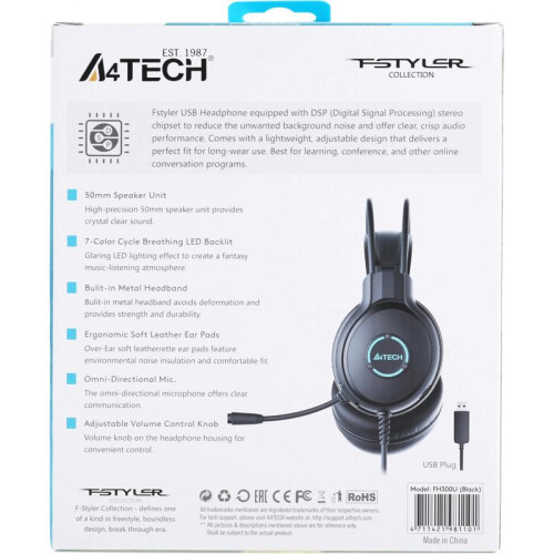 Наушники с микрофоном A4Tech Fstyler FH300U черный 2м мониторные USB оголовье (FH300U BLACK)