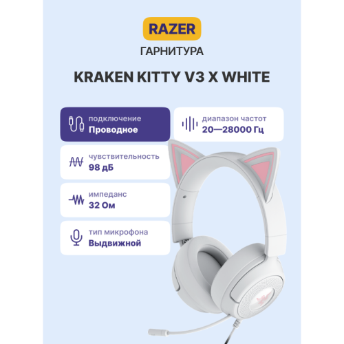 Гарнитура Razer Kraken Kitty V3 X - White/ Razer Kraken Kitty V3 X - White Headset Гарнитура Razer Kraken Kitty V3 X - White/ Razer Kraken Kitty V3 X - White Headset