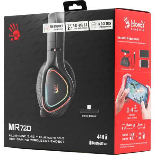 Наушники с микрофоном A4Tech Bloody MR720 черный мониторные BT/Radio оголовье (MR720 BLACK)