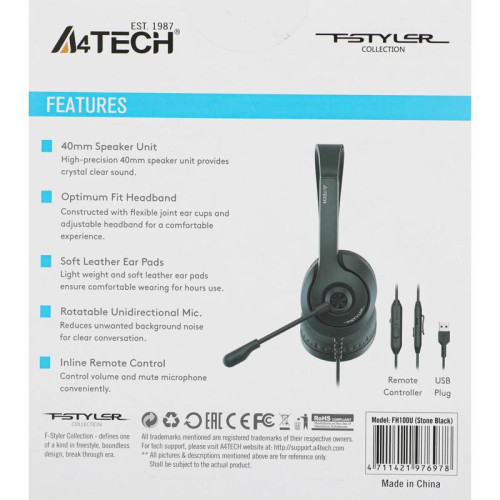 Наушники с микрофоном A4Tech Fstyler FH100U черный 2м накладные USB оголовье (FH100U (STONE BLACK))